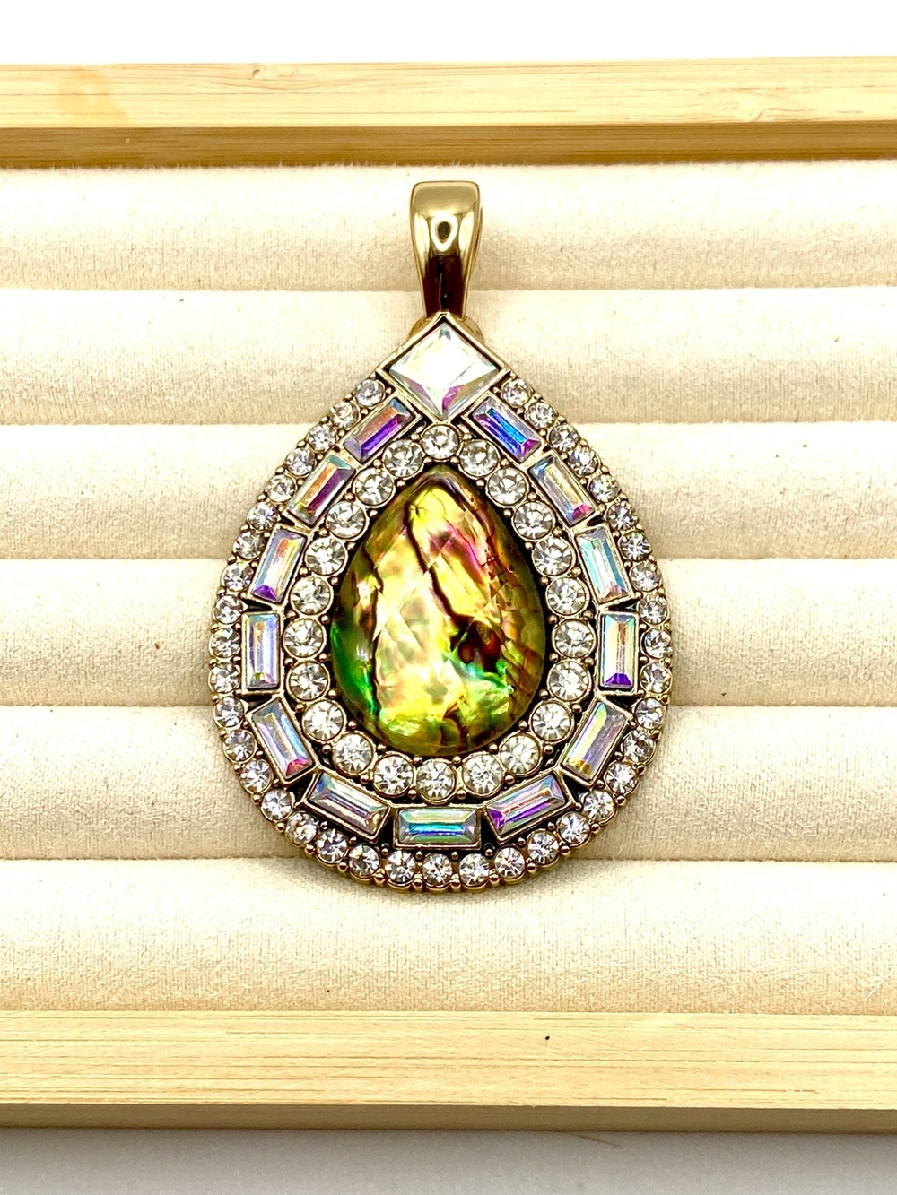 Premier Designs Mesmerized Abalone Crystal Rhinestone Teardrop Pendant VTG